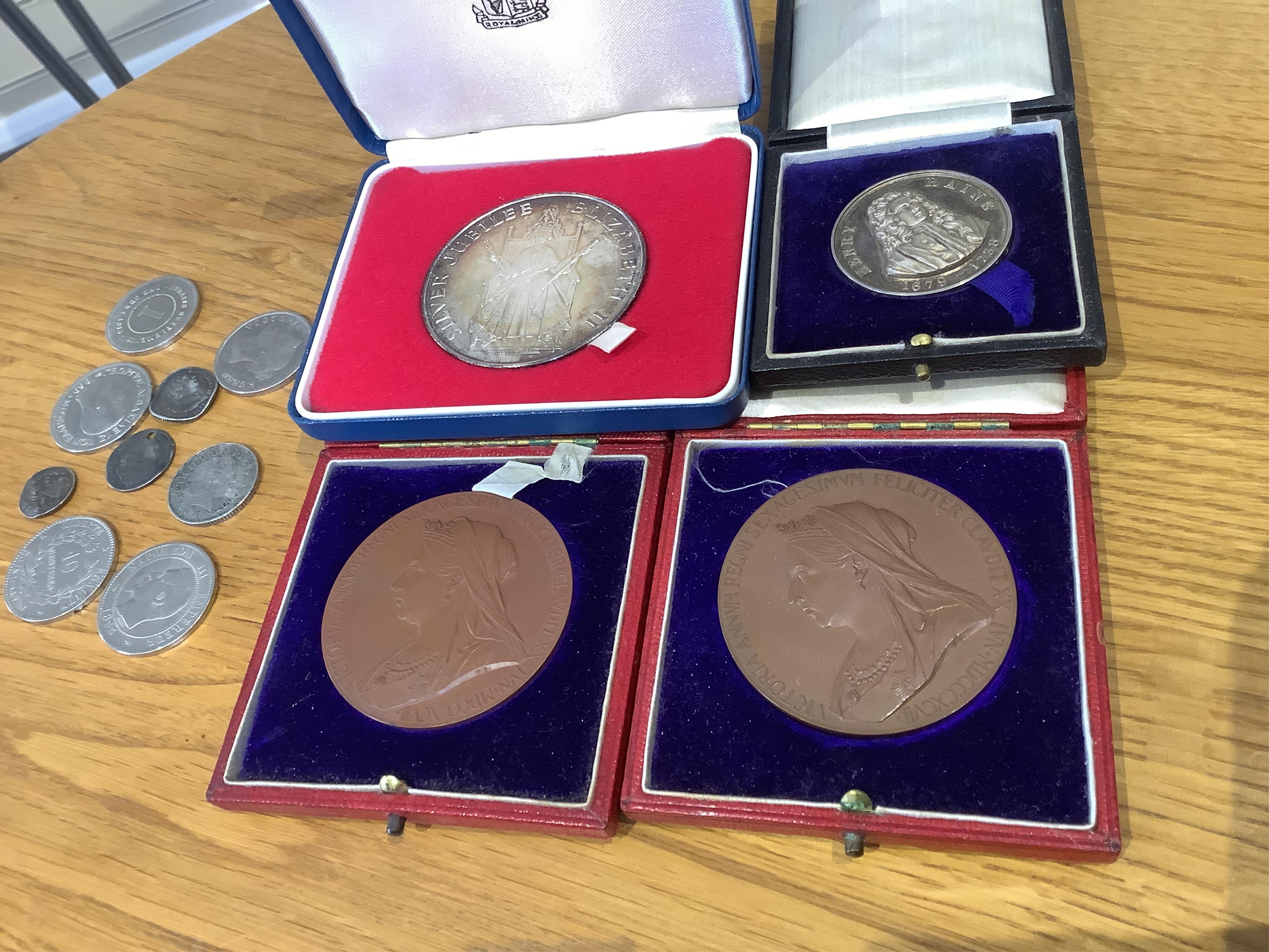 British commemorative medals; Royal Mint QEII silver jubilee medal, cased, two Victoria Diamond Jubilee bronze medals, cased, Raine Foundation School silver medal inscribed to Bertha Cowell head girl 1915–16, together wi